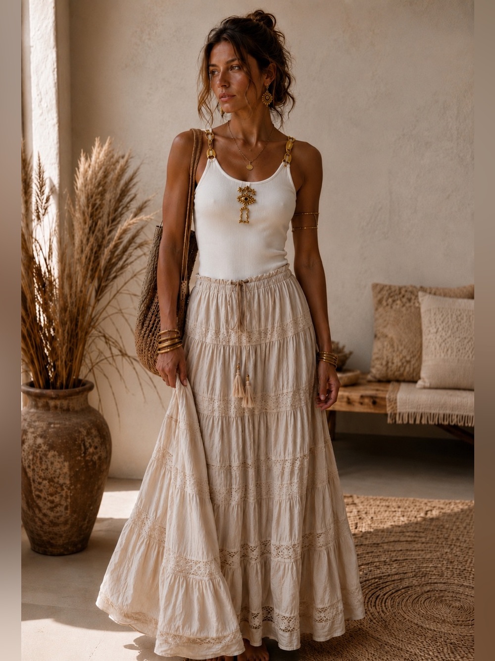 Women’s Ribbed Knit Tank Top with Gold Accent Straps and Removable Eye
